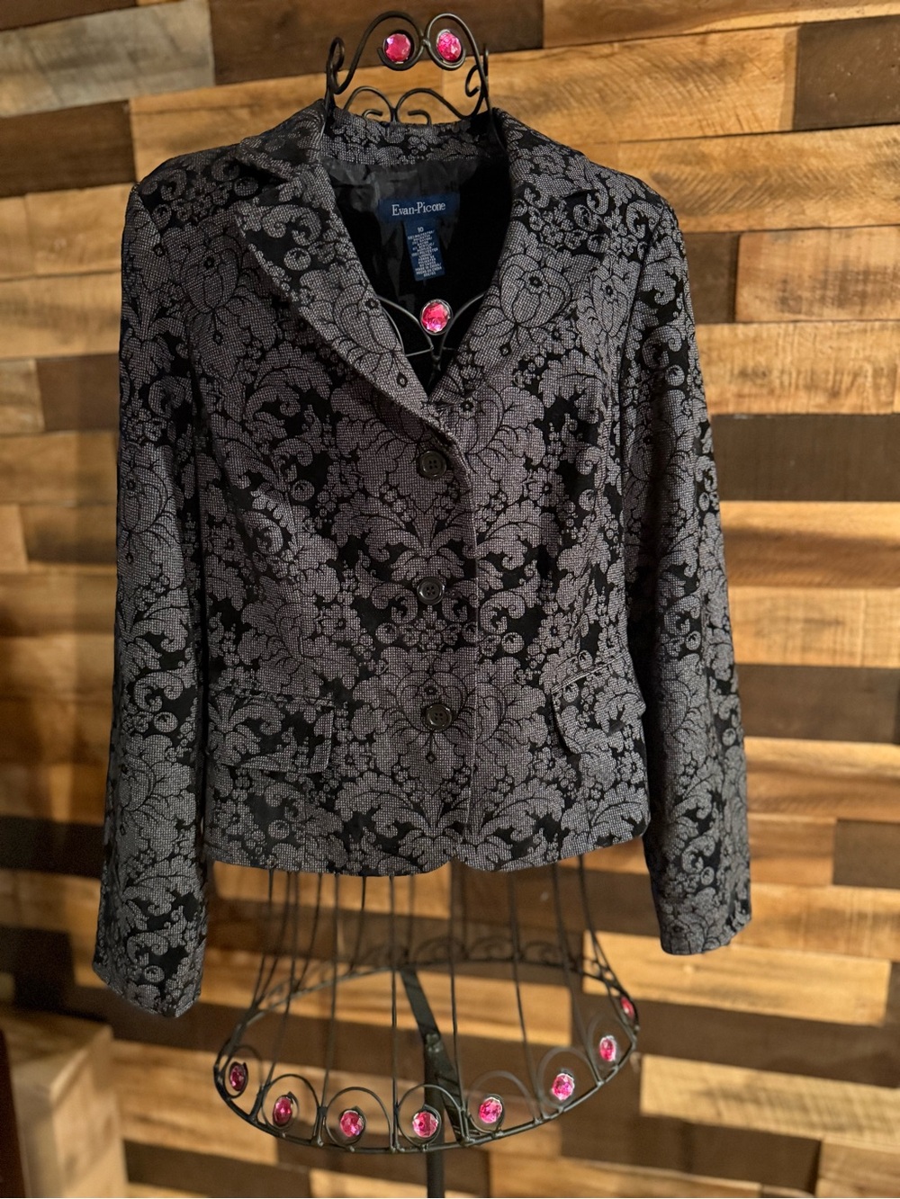 Evan-Picone Women's Black/Gray Floral Blazer Jacket Button Lined Pockets Sz 10